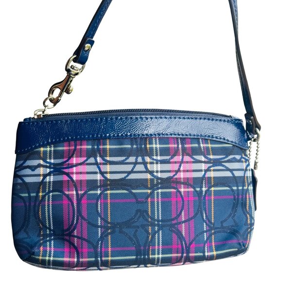 Coach Blue Tartan Plaid Canvas/Leather Wristlet Purse - Picture 6 of 7